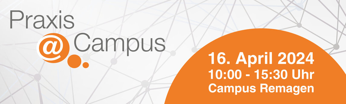 Logo der Karrieremesse Praxis@Campus auf einem Hintergrund der ein graues Netzwerk aus Strichen und Punkten zeigt.