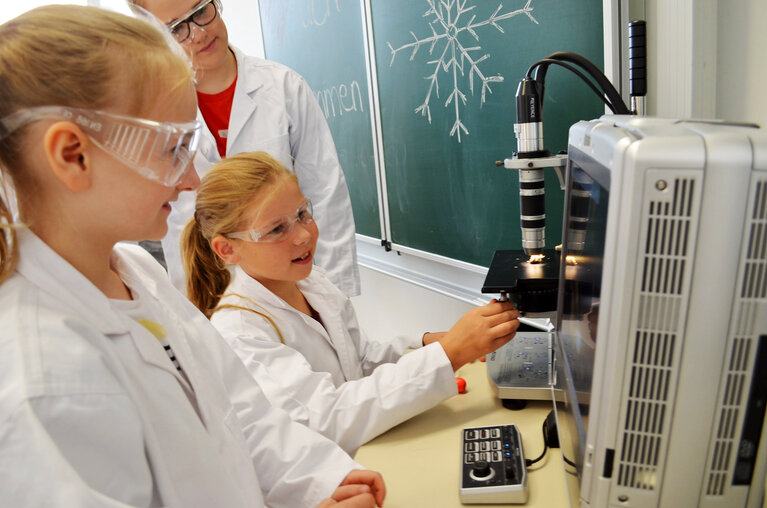 Schüler an einem Mikroskop