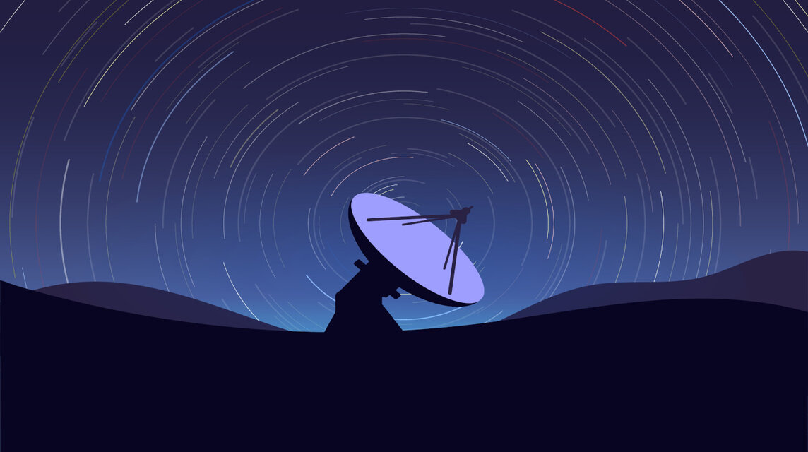 Kuenstlerische Darstellung eines Radioteleskops mit Sternenhimmel.