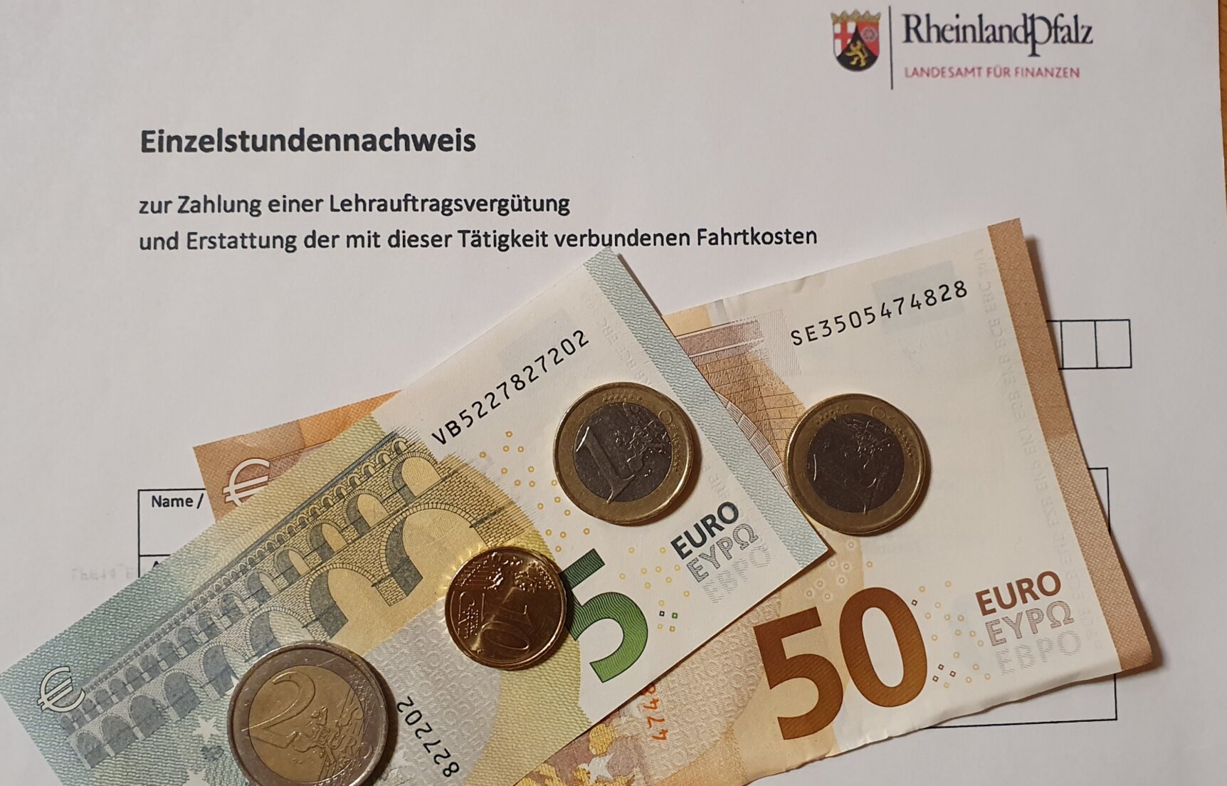 Teil Abrechnungsformular, Geld