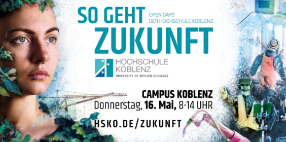 Die Grafik zeigt eine junge Frau, umgeben von Blättern, sowie die Ort- und Zeitangabe des Open Day in Koblenz