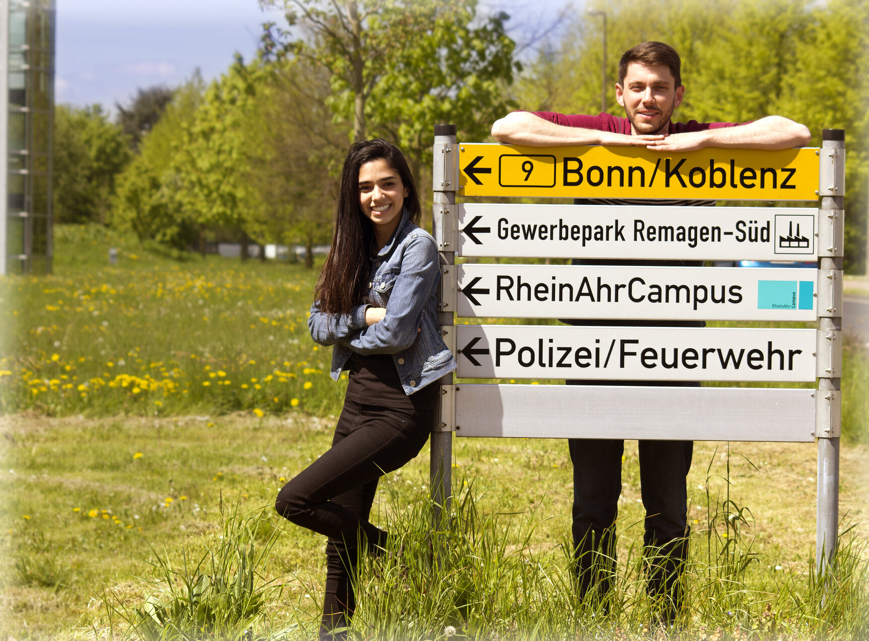 Road signs pointing to RheinAhrCampus Remagen, exchange students