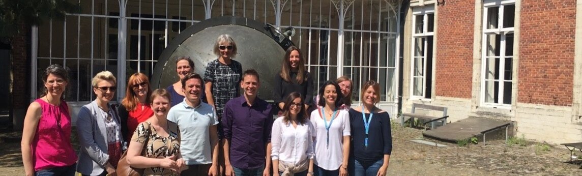 Staff Training participants in the courtyard of the International Admissions and Mobility Atrechtcollege in Leuven. 