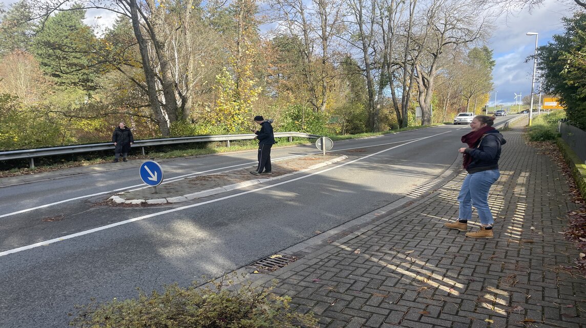 Drei Studierende untersuchen einen Straßenübergang