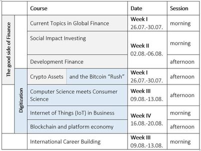 Overview of the digital summer program - course titles, weeks
