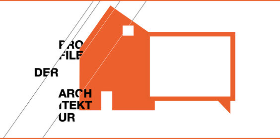 Schriftzug Profile der Architektur mit orange-weißem skizzierten Haus