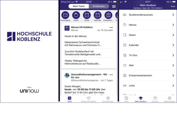 Screenshots mehrerer Seiten innerhalb der White Label Version der UniNow-App der Hochschule Koblenz