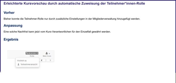 Erleichterte Kursvorschau durch automatische Zuweisung der Teilnehmer*innen-Rolle