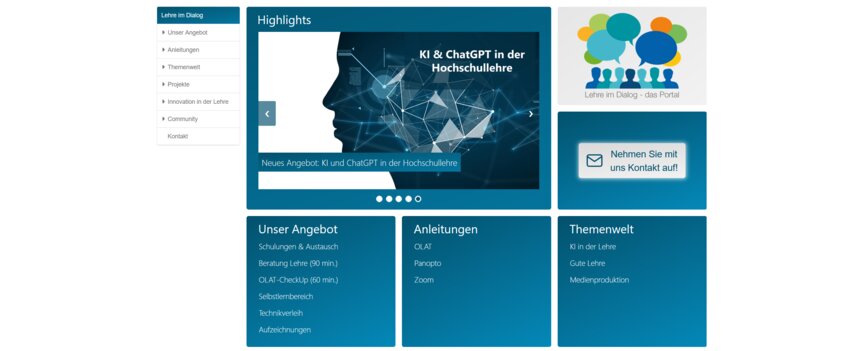 Das Bild zeigt einen Screenshot der Startseite des Portals „Lehre im Dialog“. Zentral und groß zu sehen ist eine Grafik mit der Aufschrift „Neues Angebot: KI und ChatGPT in der Hochschullehre“.