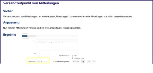 Ergebnis der Anpassung der Festlegung eines (späteren) Versandzeitpunkts von Mitteilungen