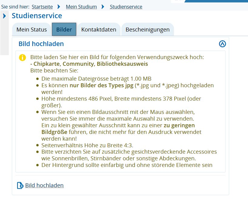 Die Seite im ICMS Portal wo die Funktion Passbild hochladen angeboten wird.