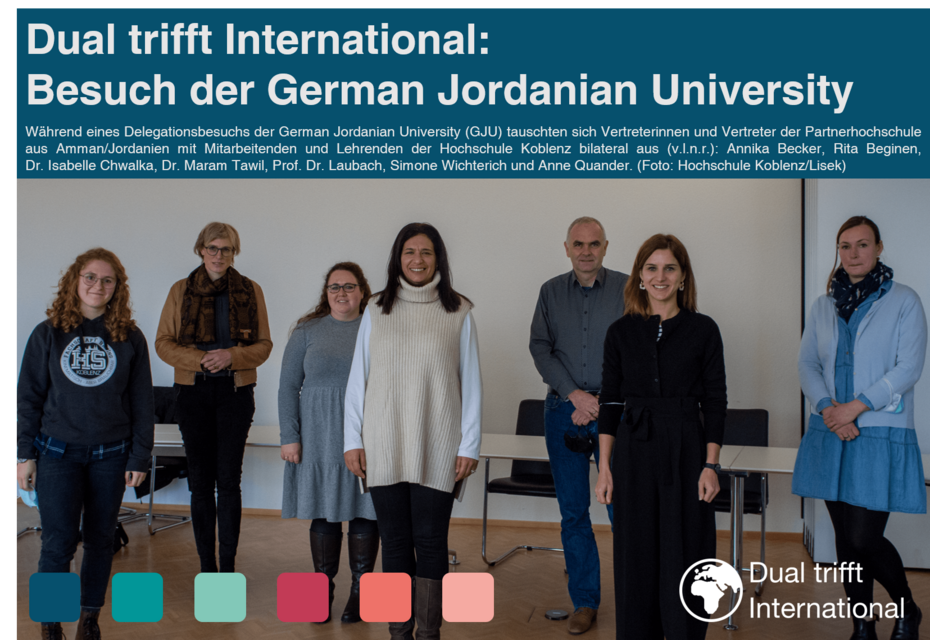 Während eines Delegationsbesuchs der German Jordanian University (GJU) tauschten sich Vertreterinnen und Vertreter der Partnerhochschule aus Amman/Jordanien mit Mitarbeitenden und Lehrenden der Hochschule Koblenz bilateral aus. (Gruppenfoto)