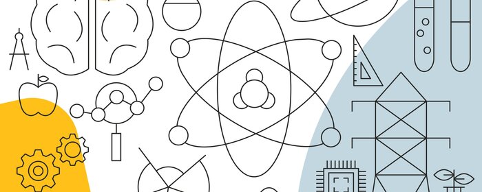 Eine Grafik zeigt diverse mathematische Symbole wie Lineal, Stift, Reagenzglas, Gehirn u.v.m.