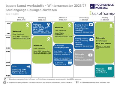 Wochenplan der 2. Woche des Kick-off Camps