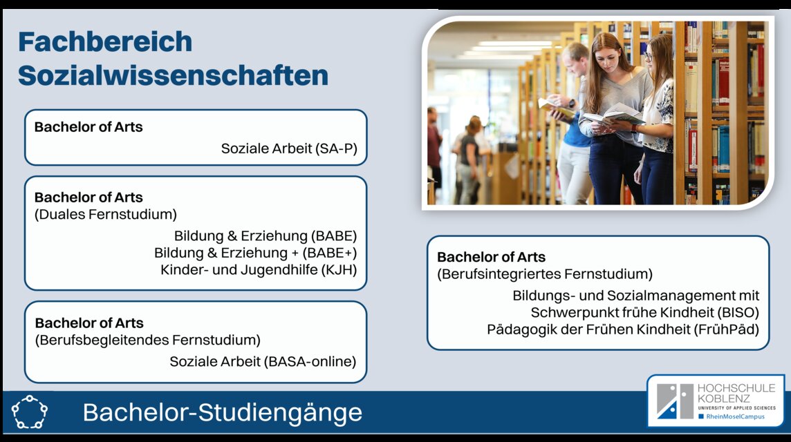 Im Fachbereich Sozialwissenschaften gibt es diese Bachelor-Studiengänge: Bildung & Erziehung (BABE), Bildung & Erziehung + (BABE+), Bildungs- und Sozialmanagement mit Schwerpunkt frühe Kindheit (BISO), Kinder- und Jugendhilfe (KJH), Pädagogik der Frühen Kindheit (FrühPäd), Soziale Arbeit (BASA-online), Soziale Arbeit (SA-P)
