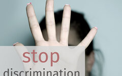 text stop discrimination and woman asking to stop