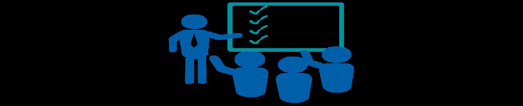 Eine Person steht an einer Tafel und erklärt, während drei weitere Personen ihre Hände heben.