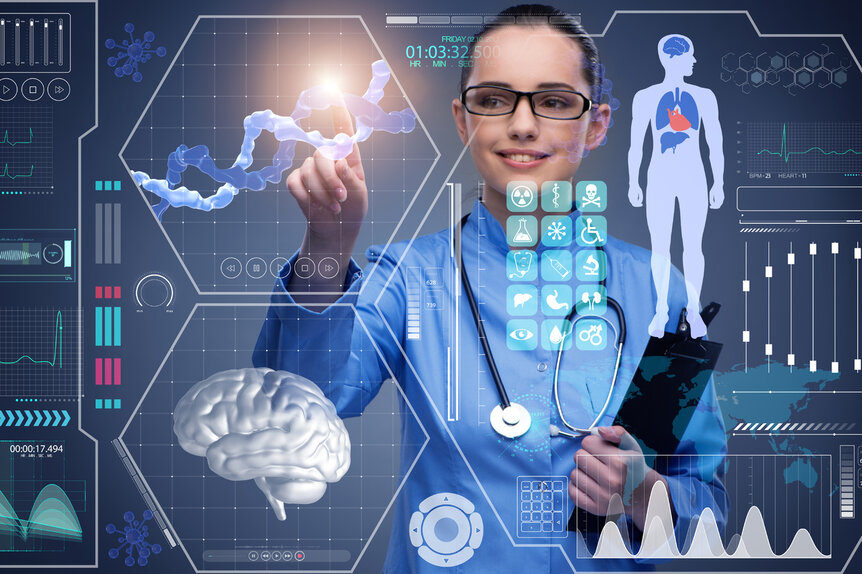 Abbildung einer Frau im digitalen Gesundheitswesen (Quelle: Colourbox) Abbildung einer Frau im digitalen Gesundheitswesen