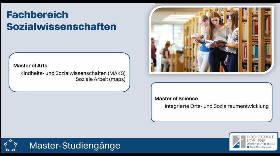 Im Fachbereich Sozialwissenschaften gibt es diese Master-Studiengänge: Kindheits- und Sozialwissenschaften (MAKS), Soziale Arbeit