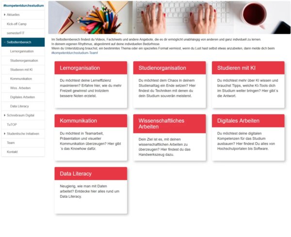 Screenshot des Selbstlernbereichs im Olat-Kurs #kompetentdurchsstudium mit den Themen Lernorganisation, Studienorganisation, Studieren mit KI, Kommunikation, Wissenschaftliches Arbeiten, Digitales Arbeiten und Data Literacy