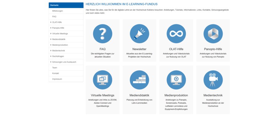 Das Bild zeigt einen Screenshot der Startseite des Kurses „E-Learning-Fundus“. Die Nutzeroberfläche zeigt verschiedene Rubriken, darunter „FAQ“, „OLAT-Hilfe“ und „Medientechnik“.