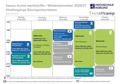 Wochenplan der 1. Woche des Kick-off Camps