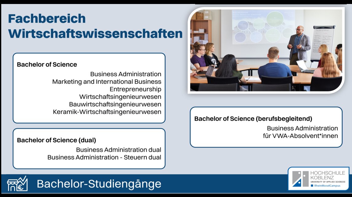 Im Fachbereich Wirtschaftswissenschaften gibt es diese Bachelor-Studiengänge: Bauwirtschaftsingenieurwesen, Business Administration - Steuern dual, Business Administration (berufsbegleitend) für VWA-Absolvent*innen Business Administration, Business Administration dual, Entrepreneurship, Keramik-Wirtschaftsingenieurwesen, Marketing and International Business, Wirtschaftsingenieurwesen