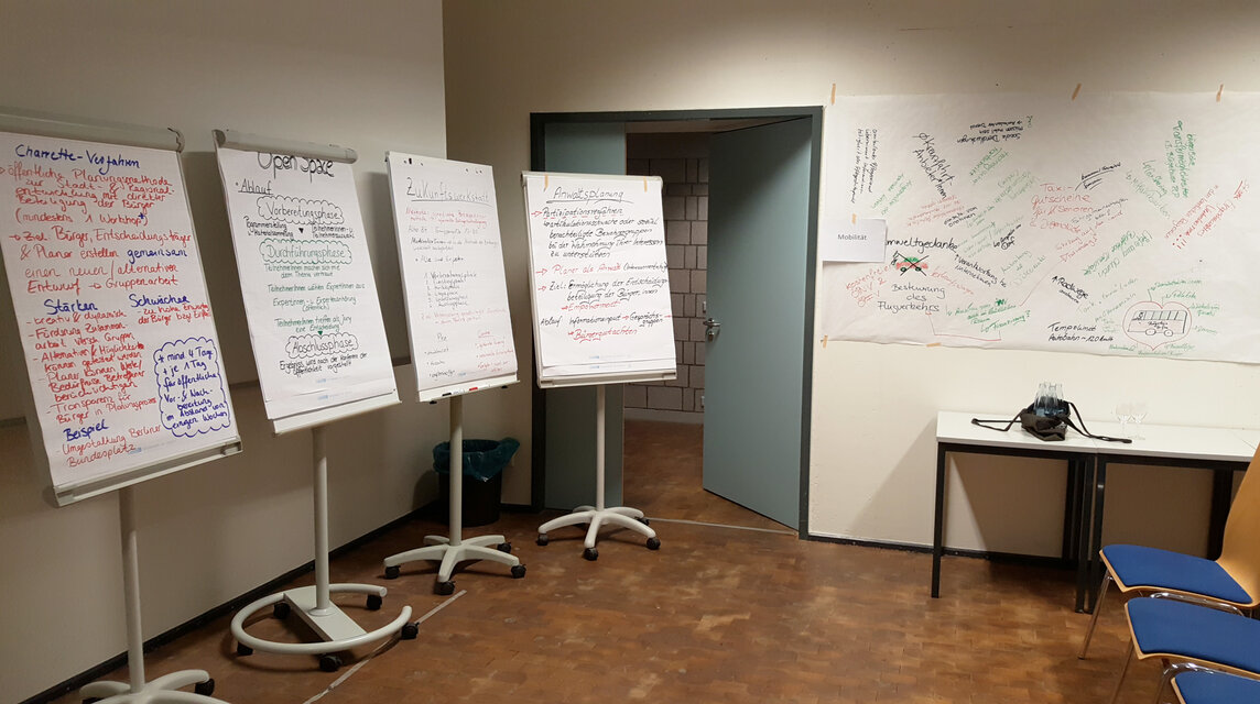 vier Flipcharts in einem Seminarraum