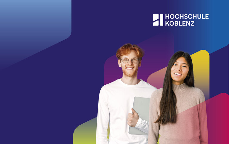 Grafik zum neuen Corporate Design zeigt Logo der Hochschule Koblenz und zwei Studierende