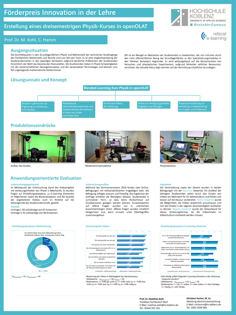 Poster zum Thema "Erstellung eines dreisemestrigen Physik-Kurses in openOlat" von Prof. Dr. M. Kohl und C. Hamm
