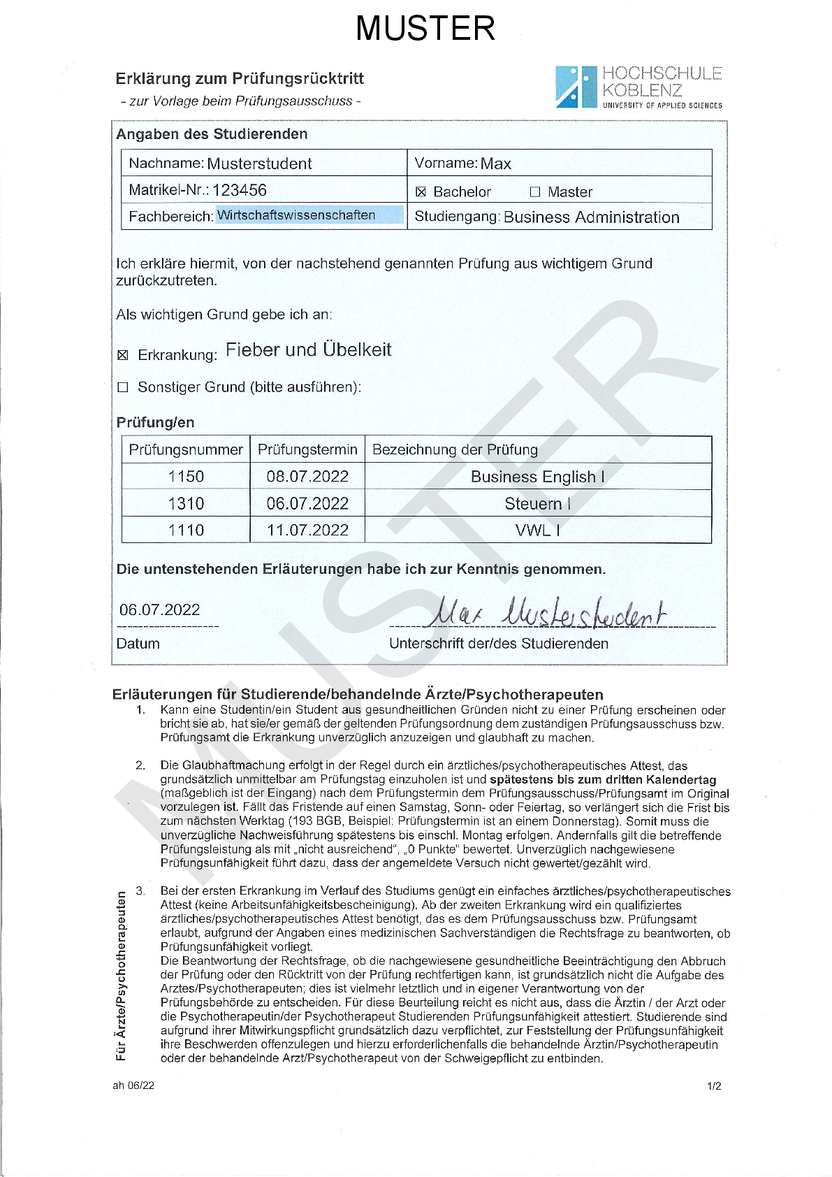 Musterbeispiel Prüfungsunfähigkeitsformular