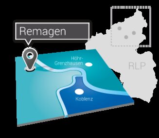 Karte mit den Standpunkten Remagen, Koblenz und Höhr-Grenzhausen